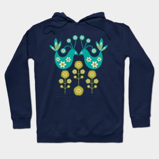 LOVE BIRDS Folk Art Mid-Century Modern Scandi Floral With Birds Flowers Feathers in Turquoise Cream Green Yellow - UnBlink Studio by Jackie Tahara Hoodie